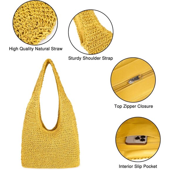 Women's Yellow Large Straw Beach Bag Handmade Woven Shoulder Hobo Tote Handbag - Picture 3 of 5